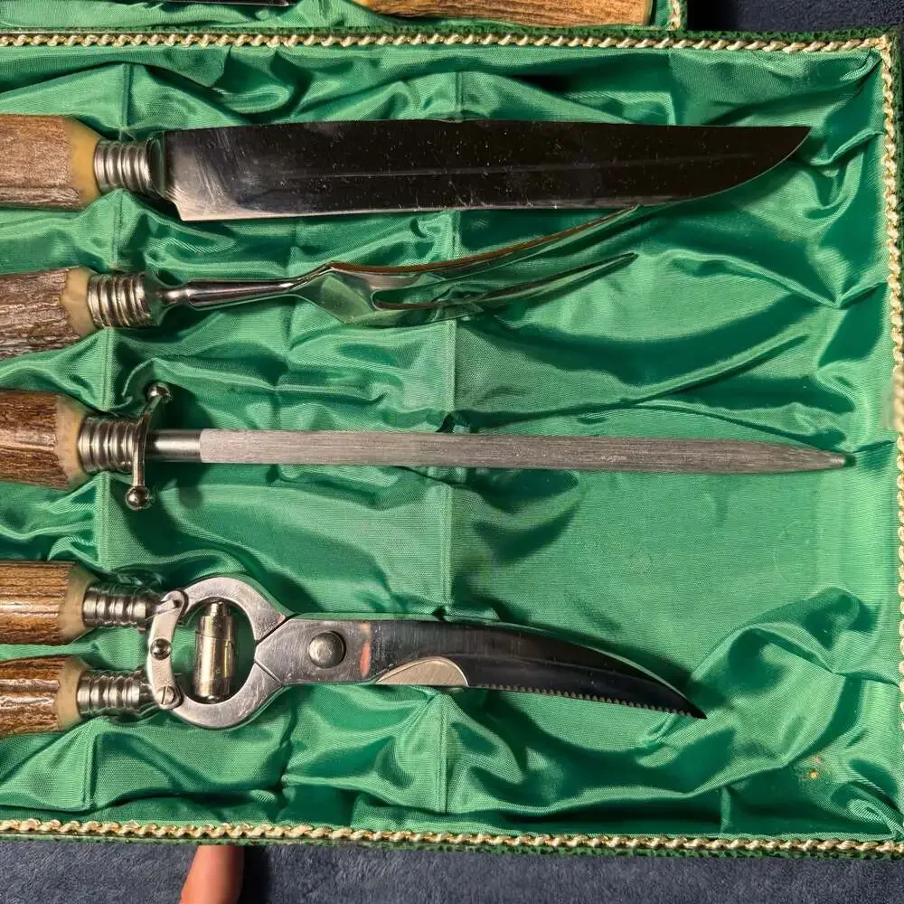 Vintage Boker Solingen Germany Stag Handle 11-Piece Carving and Steak Knife Set